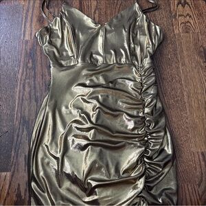 Inspired Hearts Metallic Gold Ruched Mini Dress
